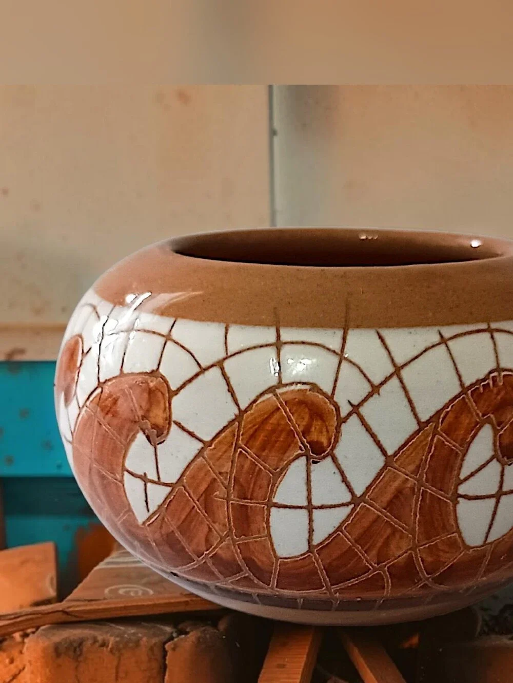 MINI Tile Affect Bowl Vase Mosaic Pottery Handmade Miniature Wave Design Glazed - Picture 13 of 16